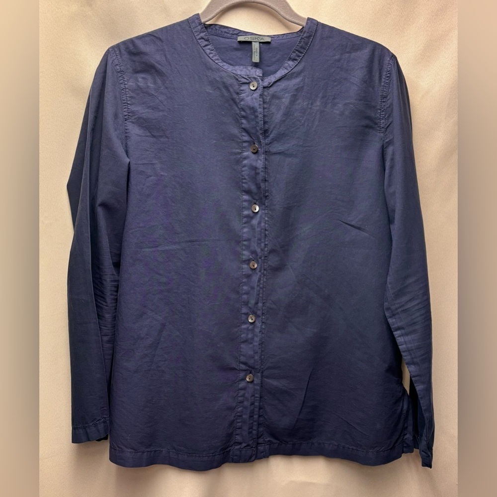 Oska Cotton Navy Blue Button Down Band Collar Lagenlook Blouse No size tag